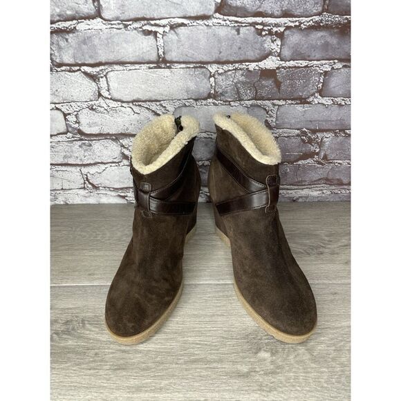 Aquatalia Brown Suede Faux Fur Strap Ankle Wedge Booties Women’s Sz 10M US/41EU - Picture 9 of 16